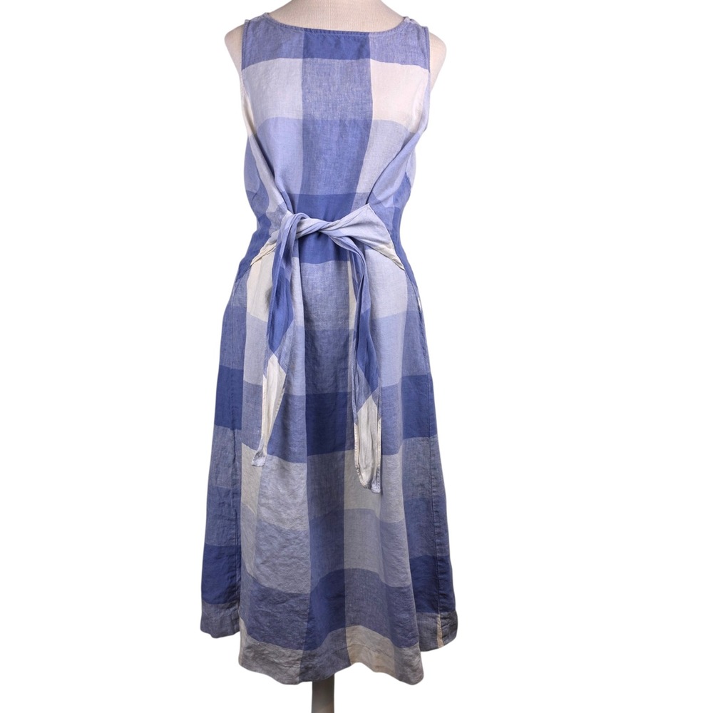 J. Jill Love Linen Blue Buffalo Check Plaid Tie Waist Midi Women's Dress Medium